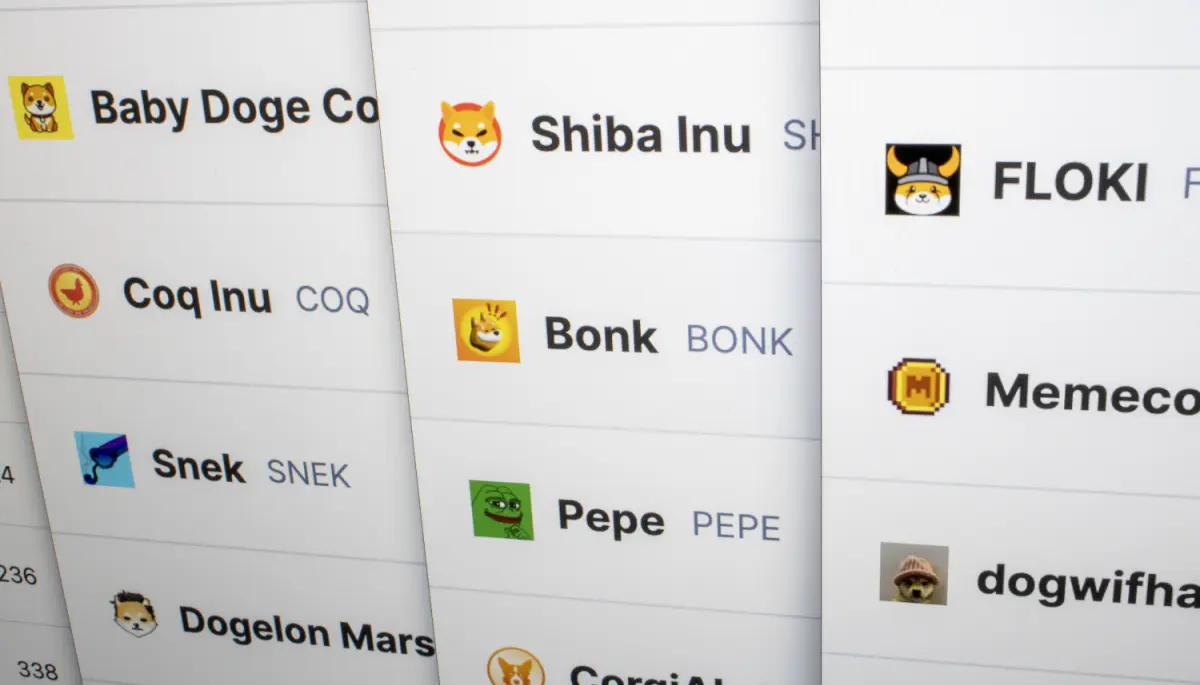 Een afbeelding van verschillende cryptomunten die onder de 'memecoin' categorie vallen, waaronder bonk, shiba inu en pepe