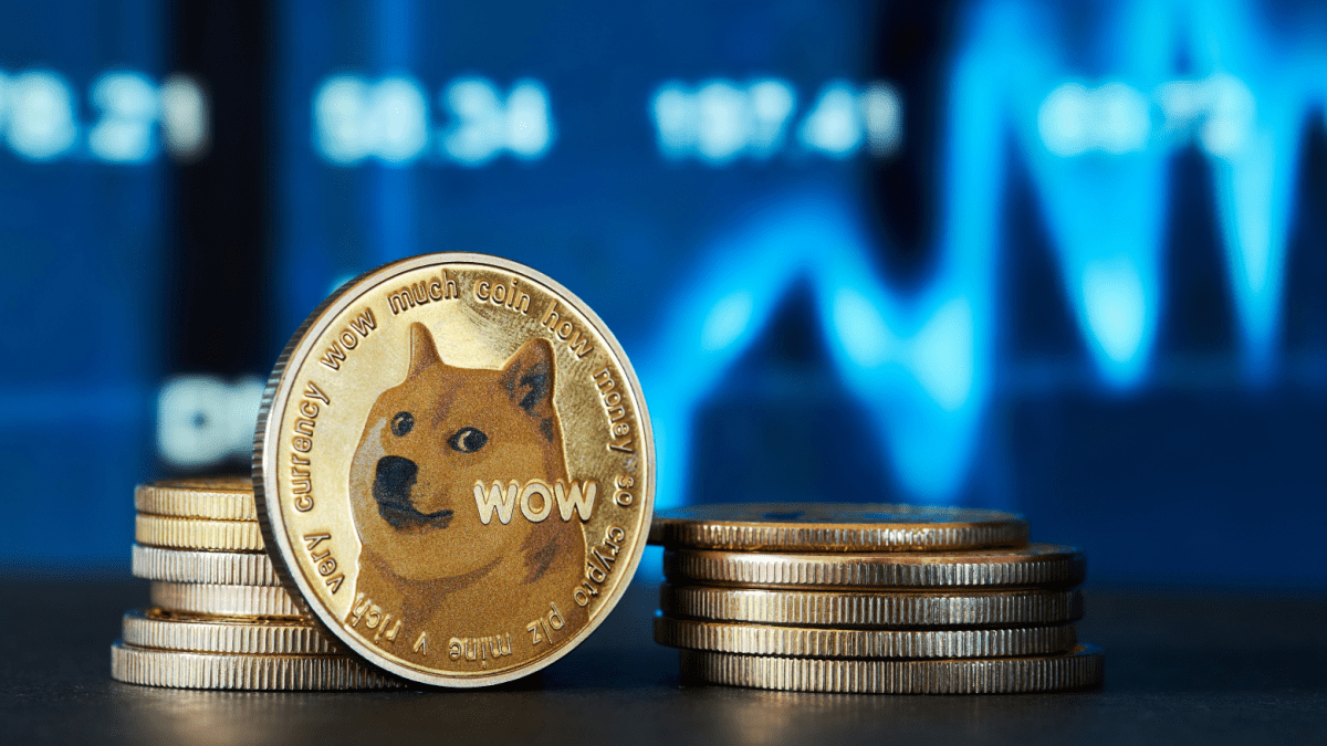 Afbeelding Dogecoin munt en koersgrafiek Afbeelding Dogecoin munt en koersgrafiek