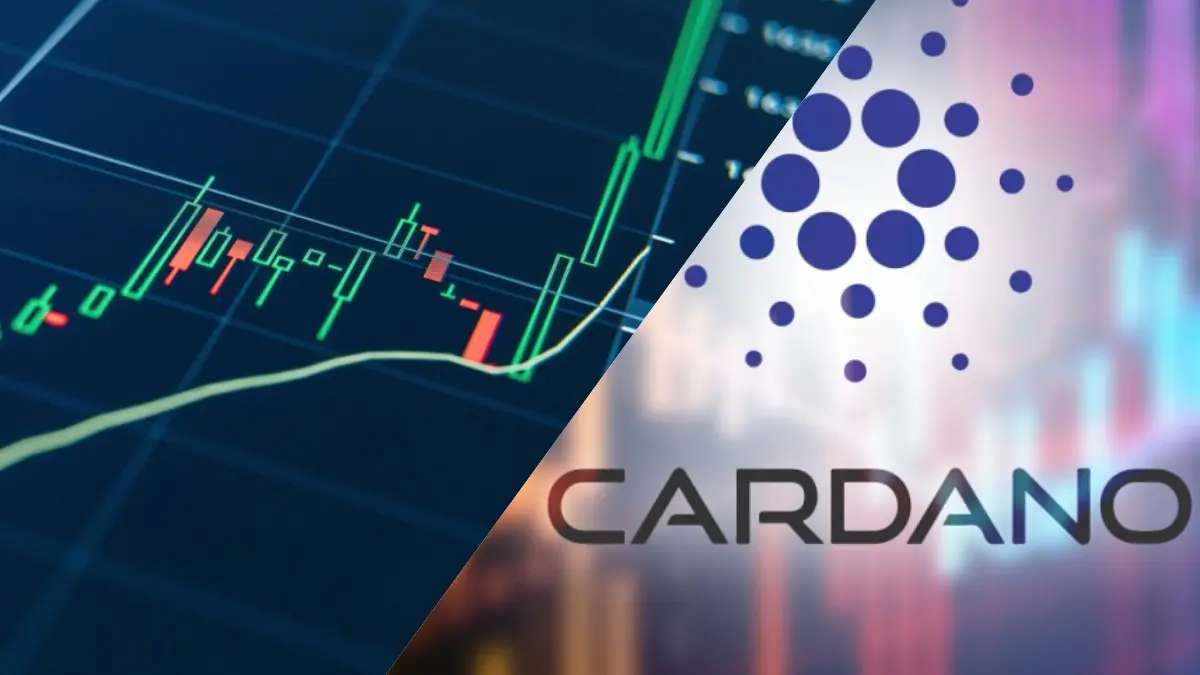Afbeelding met Cardano logo en stijgende koersgrafiek